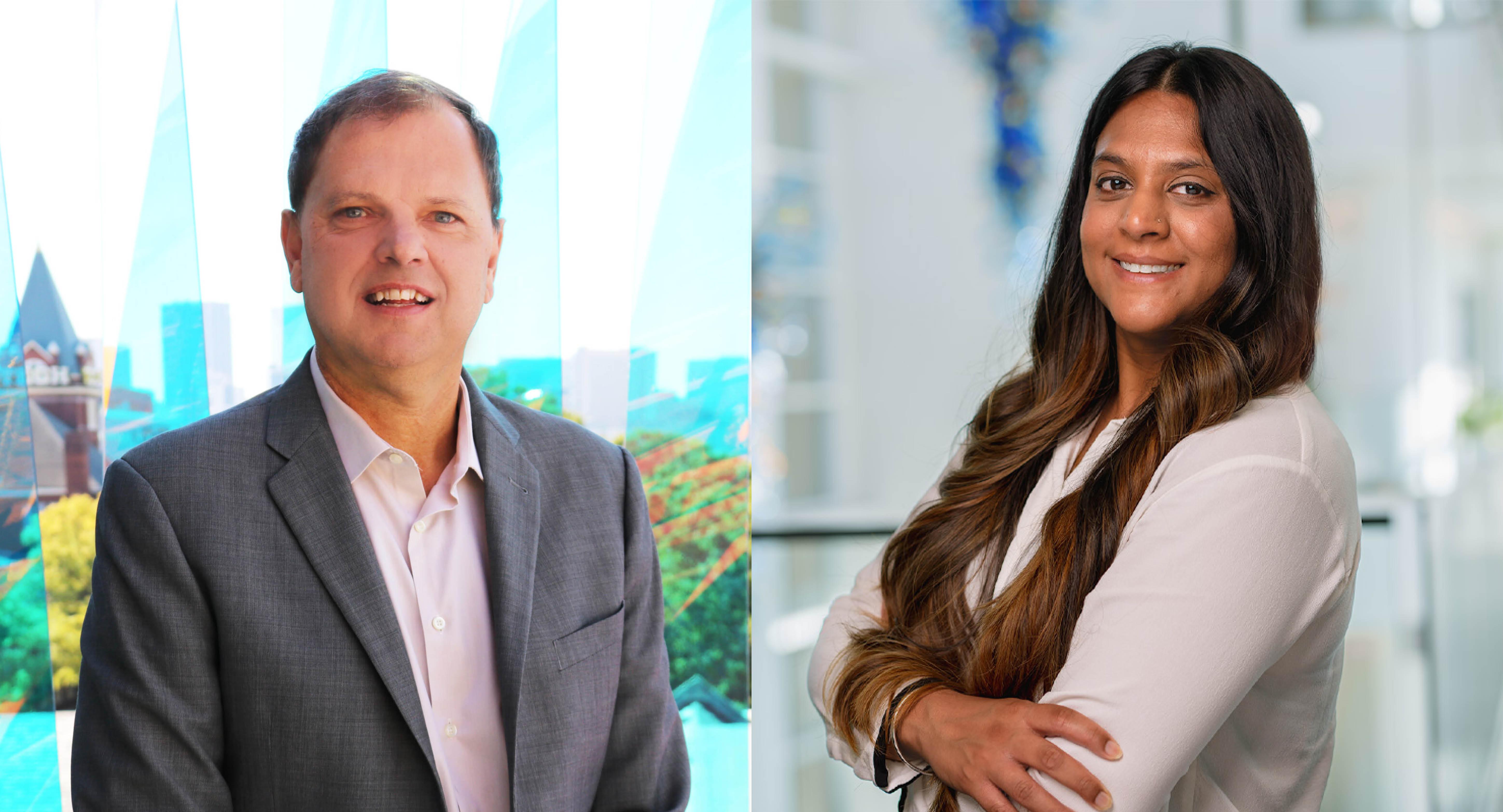 Side-by-side photos of Joel Kostka and Titiksha Fernandes