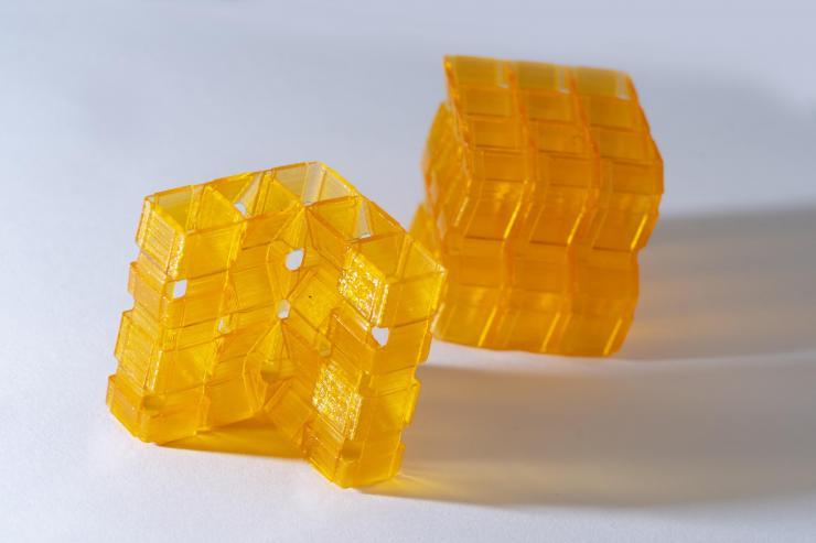 <p>Closeup of origami structures created through Digital Light Processing 3D printing. (Credit: Christopher Moore, Georgia Tech).</p>