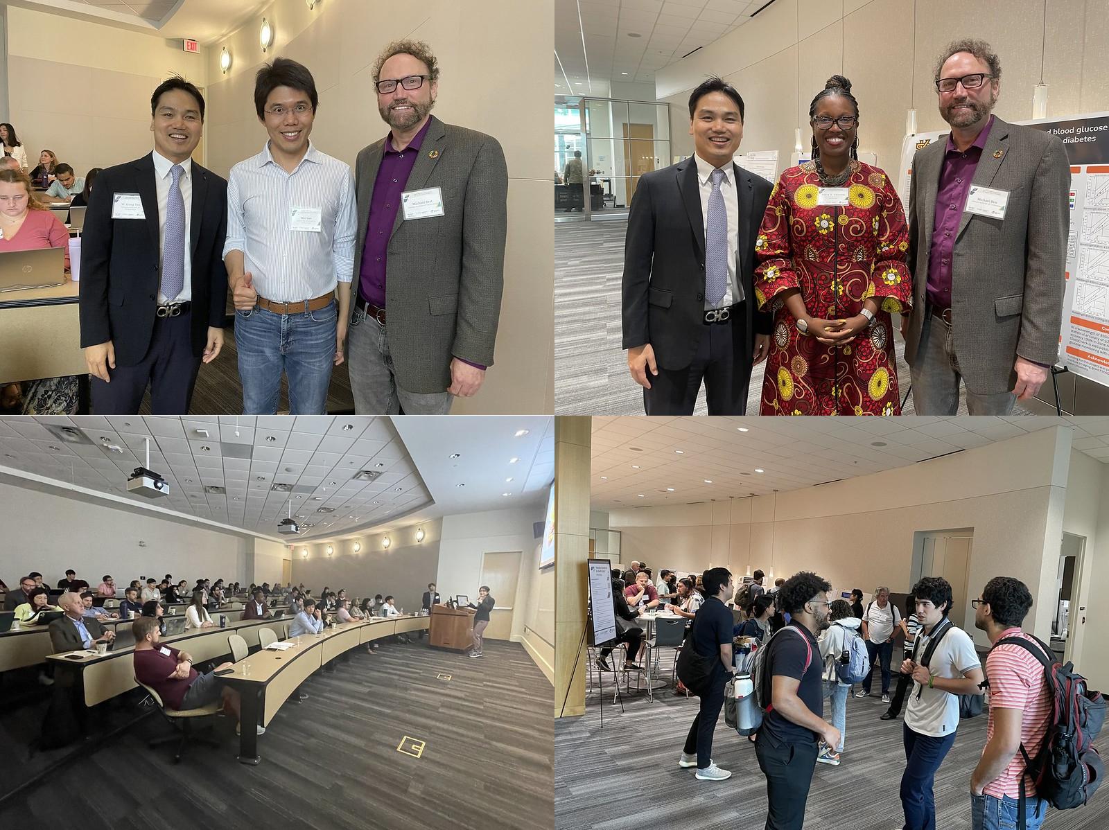 Wearable Innovations for Health Equity Workshop. Pictured clockwise: W. Hong Yeo, director of the Wearable Intelligent Systems and Healthcare Center at Georgia Tech; Wei Gao, professor at CalTech; Michael Best, executive director of IPaT; Tabia Henry Akintobi, professor at the Morehouse School of Medicine; poster sessions; and lightning talks. 