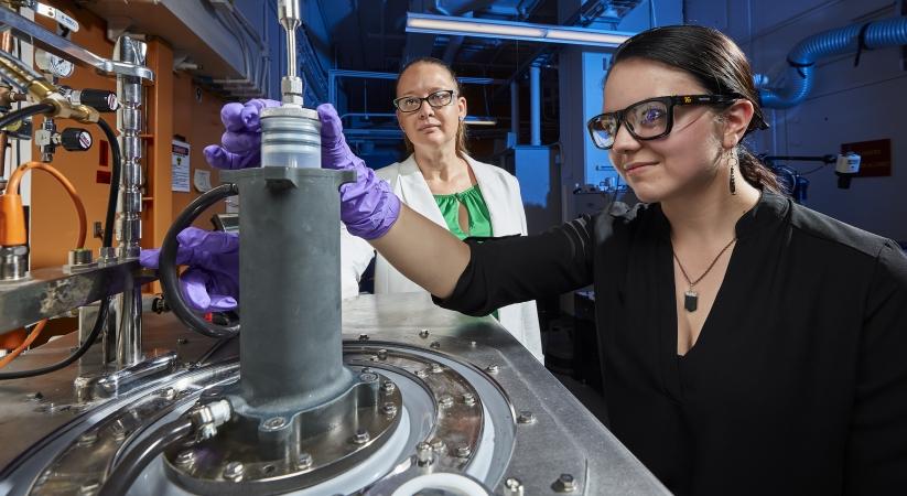 MSE professor Blair Brettmann (left) and CHBE doctoral student Alexa Dobbs (right) spent the summer at LLNL, collaborating with LLNL experts to explore techniques that can help them with their materials science research. Photo: Garry McLeod/LLNL.