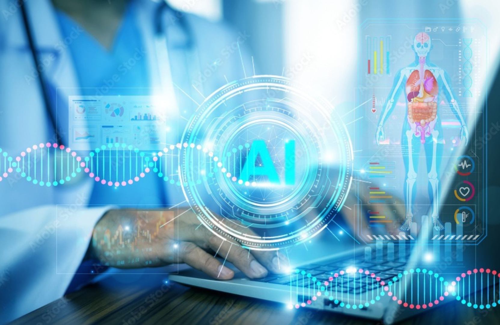 A doctor on a computer working with an AI-powered health device