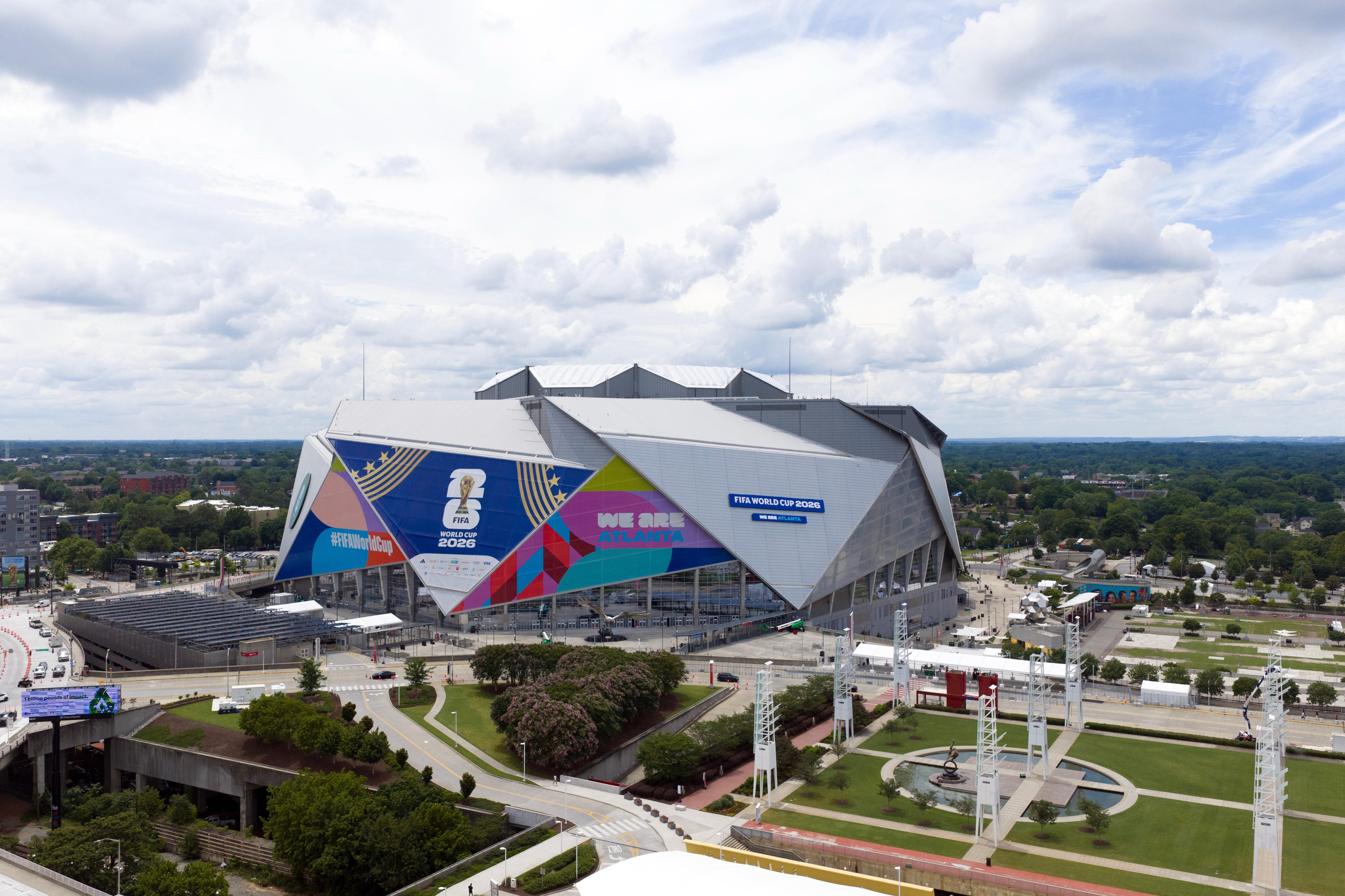Drone photo of FIFA decorated Mercedes-Benz Stadium in Atlanta Georgia