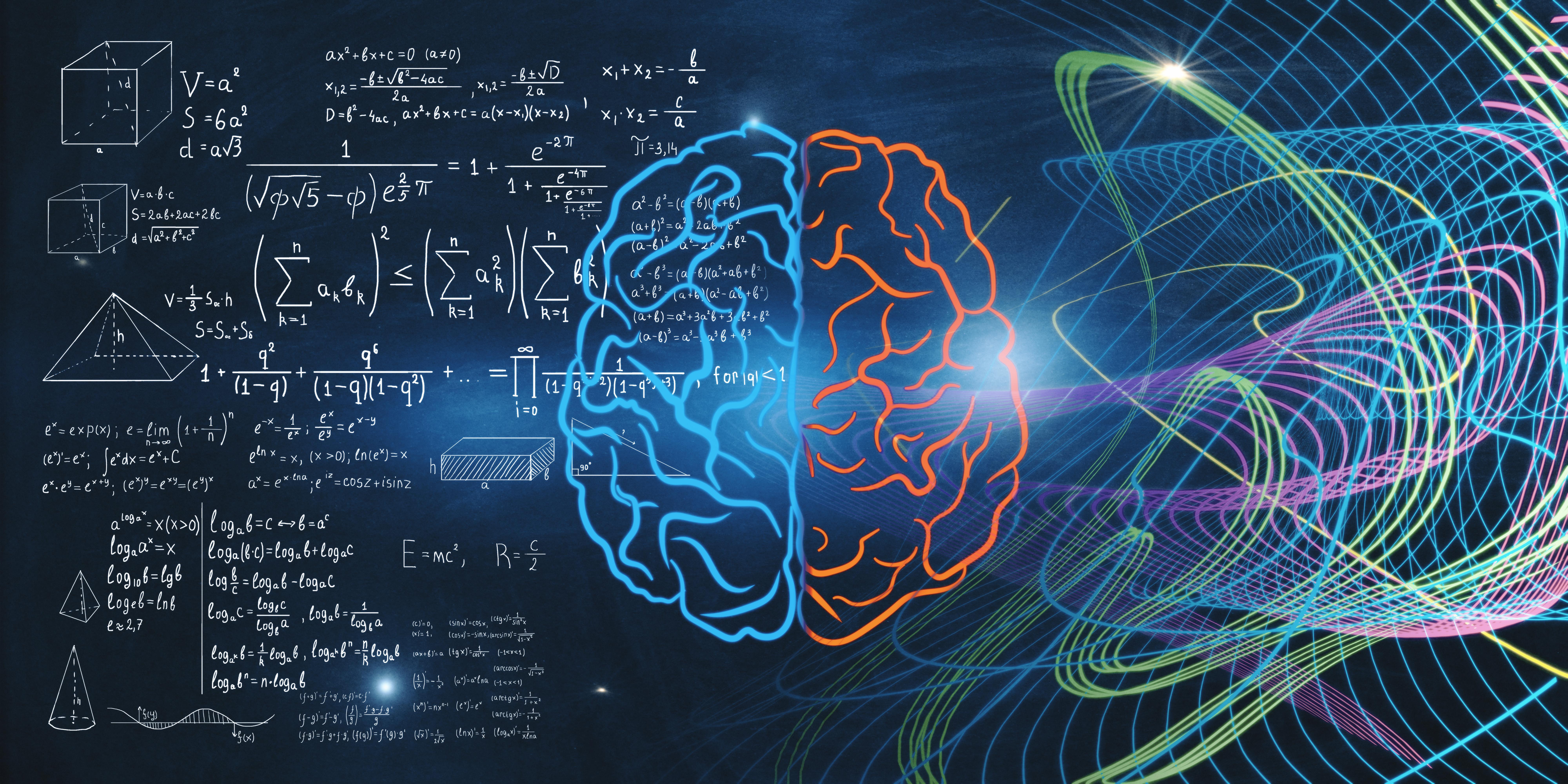Digital illustration of a human brain split down the middle: the left side is filled with white mathematical equations, diagrams, and formulas, while the right side is surrounded by colorful, flowing lines and abstract wave patterns against a dark blue background.