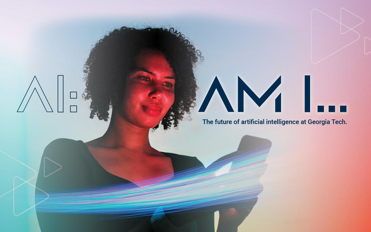 A woman against a colorful background looks at a smart phone. The image has text that reads "AI: AM I..."