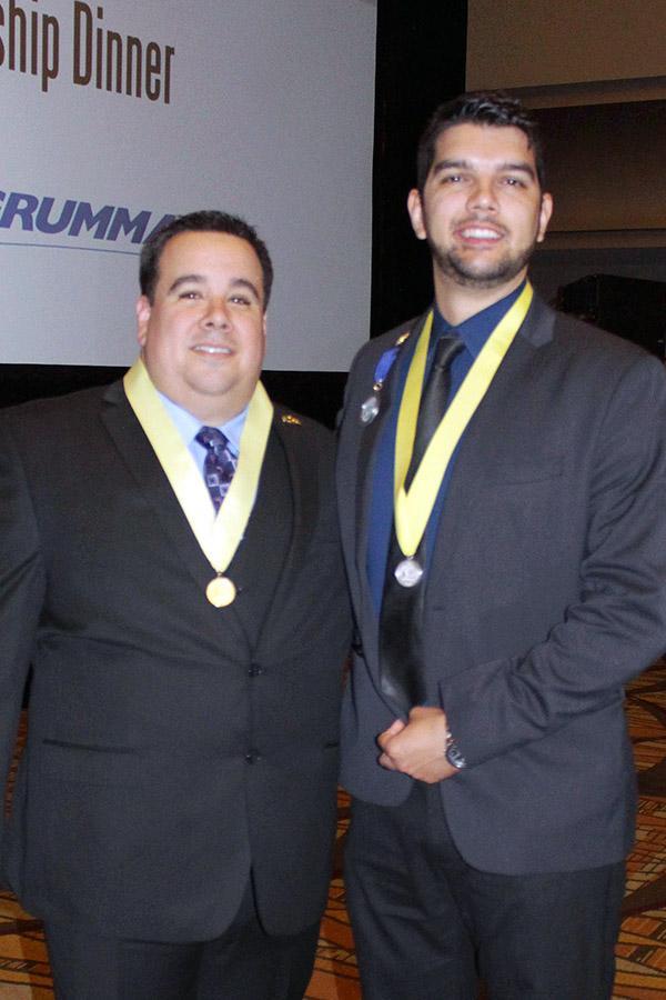 <p>Ph.D. student Osvaldo Broesicke, right, with <a href="http://mymaes.org/" target="_blank">MAES</a> President Will Davis. Broesicke won the organization's highest honor for students, the Padrino Scholarship and Medalla de Plata, or silver medal. (Photo Courtesy: Osvaldo Broesicke)</p>