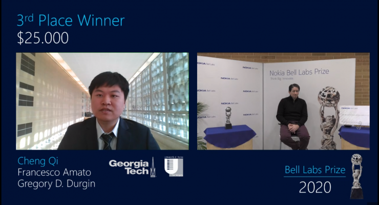 <p>Cheng Qi (left), with Marcus Weldon, president of Nokia Bell Labs, at the 2020 Bell Labs Prize virtual awards ceremony.  </p>