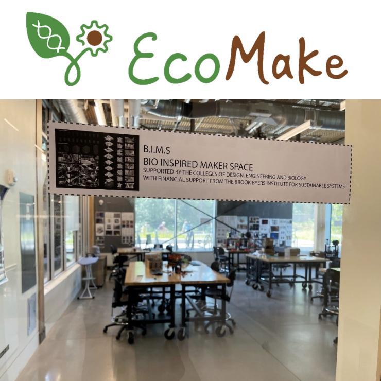 EcoMake logo paired with image of the signage in the entrance to the new maker space.