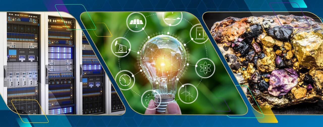 Georgia Tech Energy Day 2026 Header Image with three boxes showing an image of a datacenter, an electric bulb with energy sources around it and a multi-colored critical mineral 
