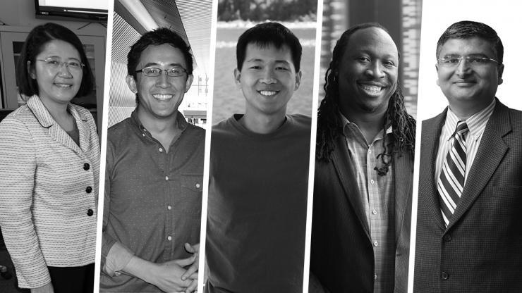 <p>Five faculty members have been named distinguished faculty fellows this spring in the Wallace H. Coulter Department of Biomedical Engineering. From left, May Wang, Gabe Kwong, Peng Qiu, Manu Platt, and Jaydev Desai.</p>