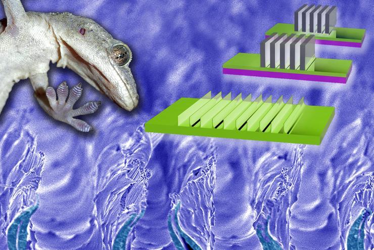 The inset on the upper right illustrates how the gecko adhesion surface is made by pushing lab razor blades into a setting polymer. The razor blades are pulled out, leaving indentations and stretching some of the polymer up, resulting in flexible walls that produce the gecko adhesion effect. Credit: Georgia Tech / Varenberg lab