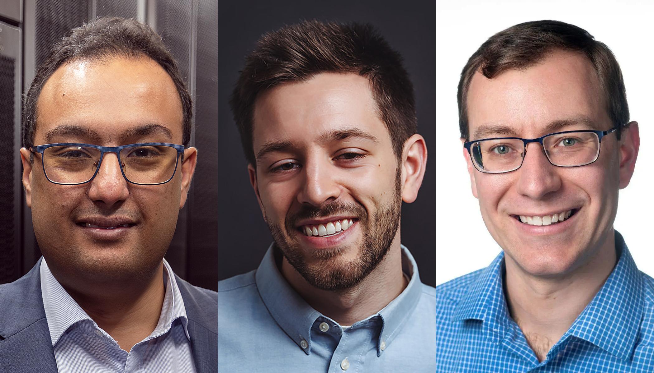 Three portraits, side by side, of Ahmed Saeed, Tony Giarusso, and Daniel Molzahn