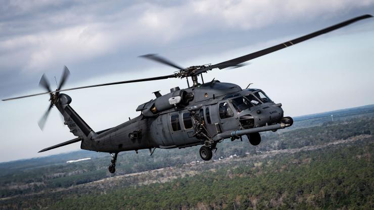 <p>An HH-60G Pave Hawk helicopter from the 41st Rescue Squadron participates in a 2019 open house combat search and rescue demonstration at Moody Air Force Base, Ga. (Credit: U.S. Air Force, Airman 1st Class Hayden Legg)</p>