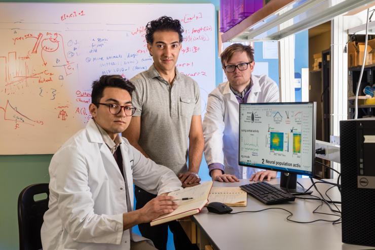 <p>Bilal Haider (center) is flanked by his co-researchers, grad students Joseph Del Rosario (left) and Anderson Speed (right).</p>