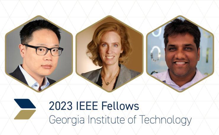 (L-R) Sung Kyu Lim, Linda Milor, and  Moinuddin K. Qureshi. Georgia Tech's three faculty members elevated to fellow status in the Institute of Electrical and Electronics Engineers (IEEE) for 2023.