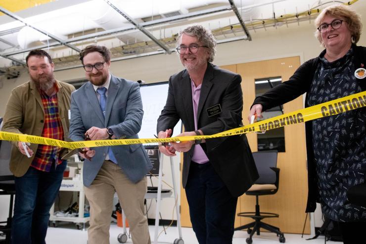 <p>Pictured at the GVU Craft Lab ribbon cutting (left-to-right) are Clint Zeagler, Tim Trent, GVU's executive director Keith Edwards, and Beki Grinter, associate dean for faculty development in the College of Computing.</p>