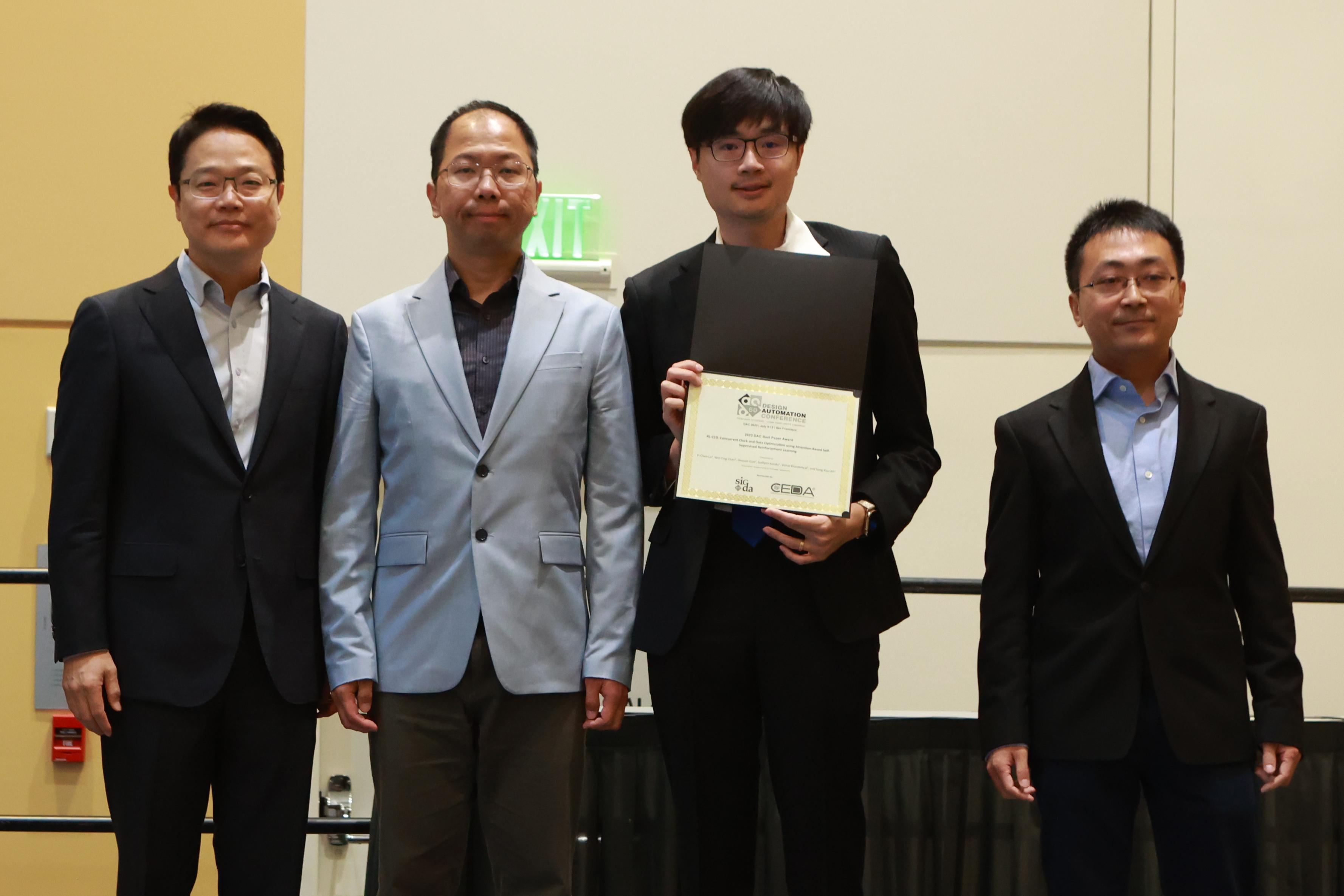 The team receiving the Design Automation Conference (DAC) Best Paper Award For Research in July. Left to right: Sung Kyu Lim, Wei-Ting Chan, Yi-Chen Lu, and Deyuan Guo (not pictured: Vishal Khandelwal, and Sudipto Kundu).