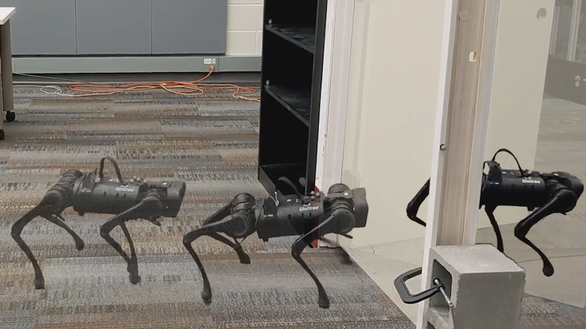 A four-legged robot at Georgia Tech opens door using sequential steps, but for the first time without having to relearn motions.