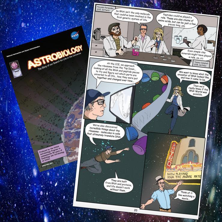 <p>Petit Institute researchers were given the comic book treatment by NASA. The top panel features (from left) Bradley Burcar, Facundo Fernandez, and Martha Grover. Below that are panels featuring renderings of Loren Williams, Nick Hud, and Grover in outer space.</p>