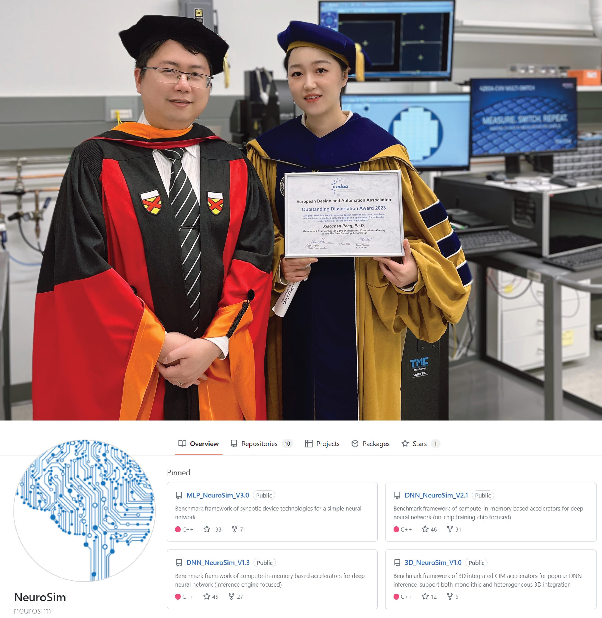 Peng and Yu in the research lab before the 2023 Spring Georgia Tech Commencement where Peng received her Ph.D. Peng is holding the EDAA’s Outstanding Dissertation Award for her NeuroSim series work.  Below is a graphic of the NeuroSim open-source simulator on GitHub (https://github.com/neurosim). 