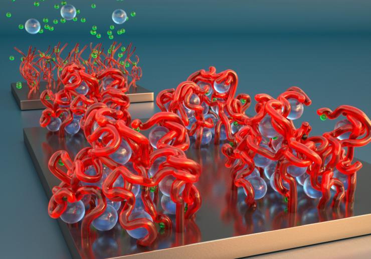 <p>Polyelectrolyte brushes illustration: In the foreground, powerful ions in solution, shown as spheres, cause the brush's bristles to collapse like sticky spaghetti. In the background, gentler ions in solution cause the bristles to stand back straight. Credit: Peter Allen University of California Santa Barbara for this study</p>