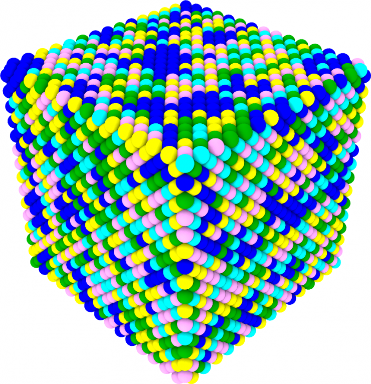 <p>This schematic illustration of the new palladium-containing high entropy allow shows how new alloy contains large palladium clusters (blue atoms).</p>