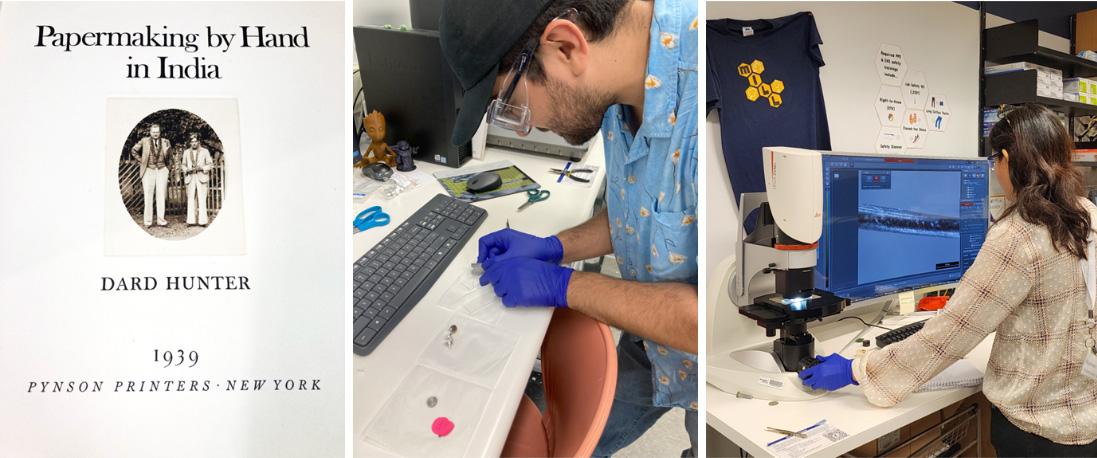 Picture of Dard Hunter and Tekumalla Venkajee during their travels in the Indian subcontinent (left). Daniel Vallejo, Ph.D., prepping the loom fiber sample for Scanning Electron Microscopy (middle), Nasreen Khan, Ph.D., analyzing loom fiber with an optical microscope (right) in Georgia Tech Microscope
