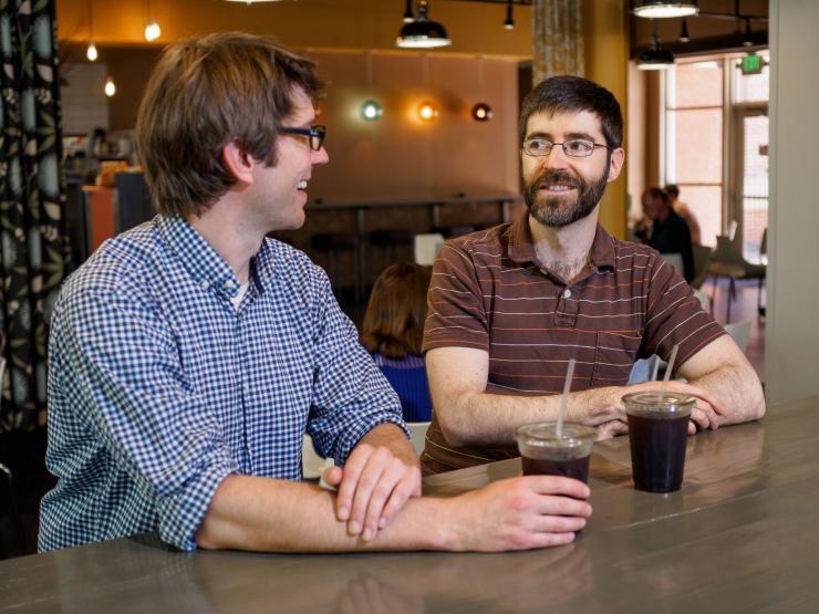 <p>Researchers Will Ratcliff (left) and Peter Yunker at Highland Bakery.</p>