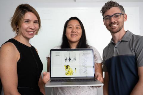 The research team behind the Georgia COVID-19 Vaccination Dashboard (L to R): Dima Nazzal, CHHS research director, and Ph.D. students Akane Fujimoto and Tyler Perini. Not pictured: Pinar Keskinocak, co-founder and director of the Center for Health and Humanitarian Systems