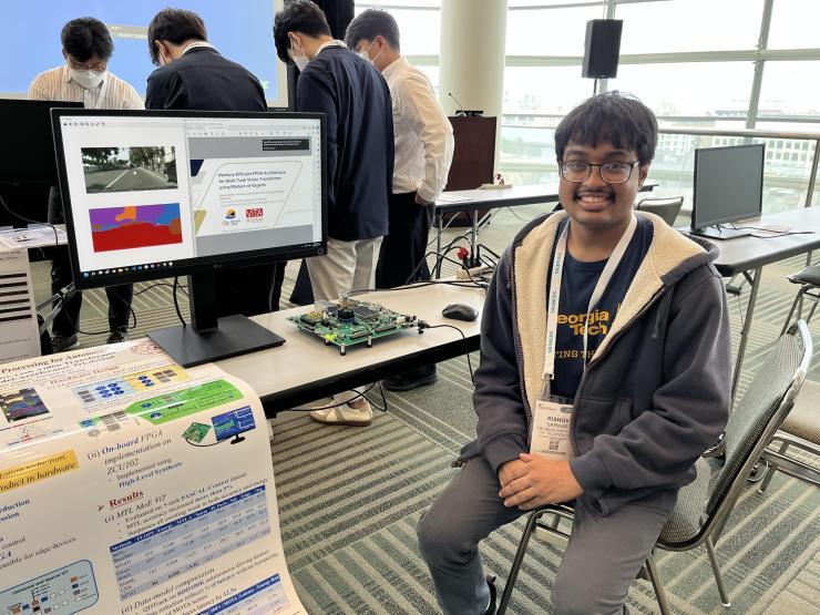<p>Rishov Sarkar, a second-year ECE Ph.D. candidate, presenting the Vision Transformer FPGA demo at the University Demonstration at DAC, which represents a portion of the work proposed for the Qualcomm Innovation Fellowship.</p>