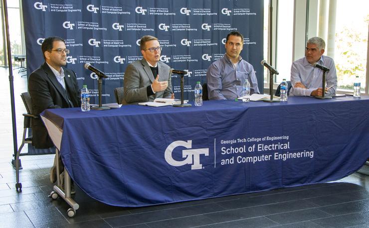 <p>During the visit, SRC’s President and CEO, Todd Younkin (second from left), participated in an ECE Panel Discussion with Roland Sperlich (second from right) of Texas Instruments and Fernando Mujica (right) of Apple Inc. The panel, moderated by ECE Professor Muhannad Bakir (left).</p>