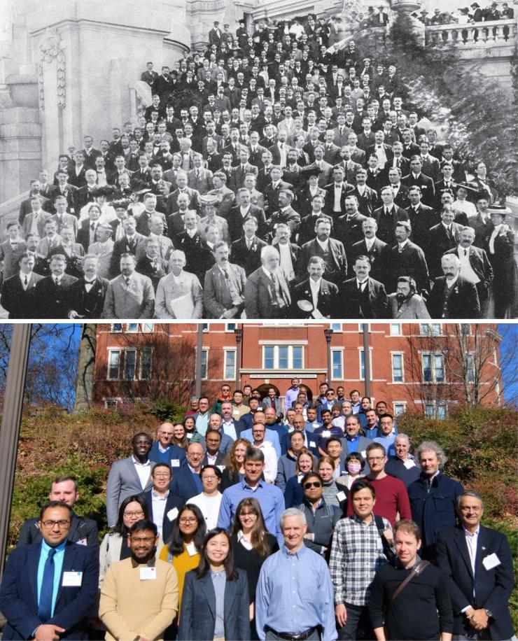 Past and present power grid experts.     Top: Power systems experts from around the world gathering in St. Louis in 1904 to discuss anything and everything electrical, including the operation of the then new networks of synchronous generators.    Bottom: The January 2023 meeting of the Universal Interoperability for Grid-forming Inverters (UNIFI) Consortium on Georgia Tech’s campus in Atlanta. UNIFI is a U. S. Department of Energy funded effort to advance grid-forming (GFM) inverter technology. 