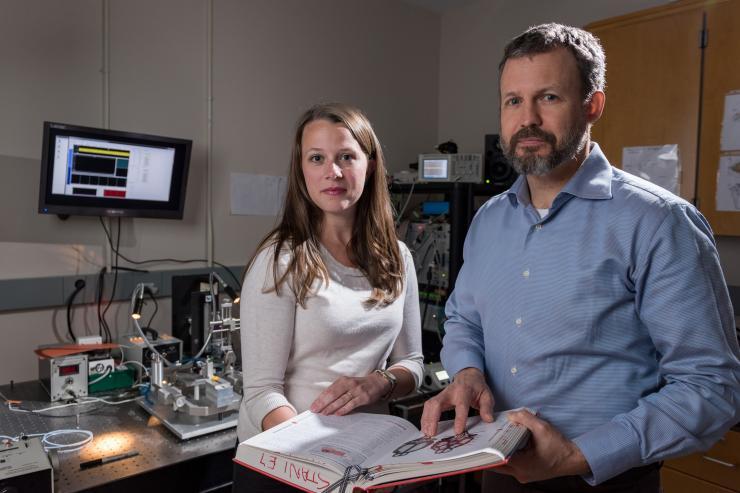<p>Using optogenetics and other technology, researchers have for the first time precisely manipulated bursting activity of cells in the thalamus, tying it to the sense of touch. Shown are Georgia Tech graduate student Clarissa Whitmire and Georgia Tech professor Garrett Stanley.(Credit: Rob Felt, Georgia Tech)</p>