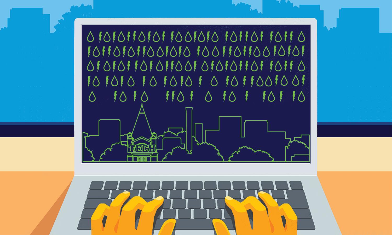 Illustration of a laptop computer with a digital silhouette of the Georgia Tech campus on the screen along with lightning bolts and water drops.