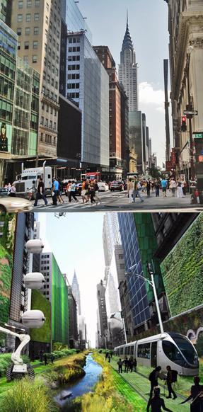 <p>Current image of New York City street juxtaposed with a concept of the same street as a sustainable city might look.</p>