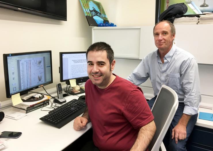 <p>Georgia Tech postdoctoral researcher Urko Marigorta analyzed RNAseq gene expression data to identify pathways that are differentially expressed in Crohn's Disease. Marigorta is shown with Greg Gibson, a professor in the Georgia Tech School of Biological Sciences. (Credit: Georgia Tech)</p>
