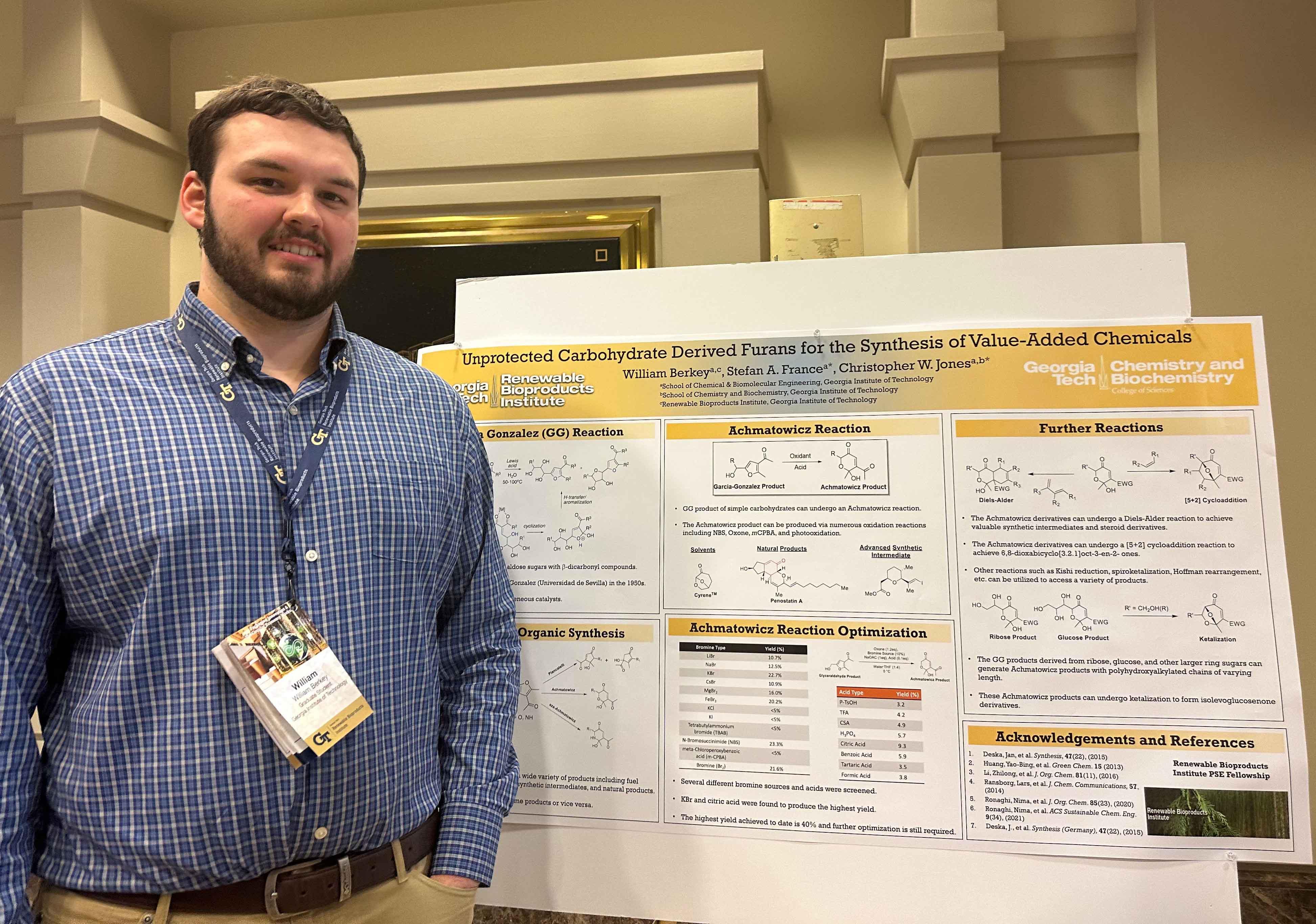 William Berkey with his poster at the 2023 RBI Spring Workshop on Innovations in packaging and the circular economy