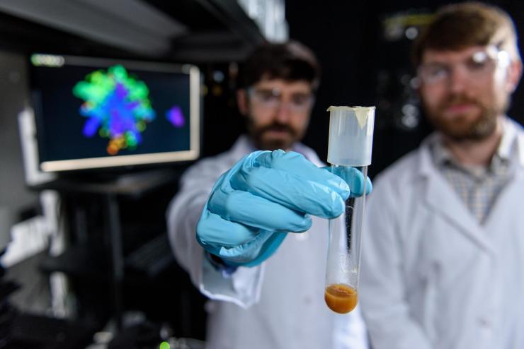 <p>Physicist Peter Yunker and evolutionary biologist Will Ratcliff in Yunker's lab at Georgia Tech. Yunker holds a sample of nascent multicellular yeast clusters used in the experiments. Credit: Georgia Tech / Rob Felt</p>