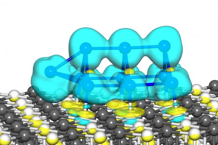<p>Simulation shows a 10-atom platinum nanocatalyst cluster. The “bulge” caused by the 10th atom gives the cluster improved catalytic properties. (Credit: Uzi Landman, Georgia Tech)</p>