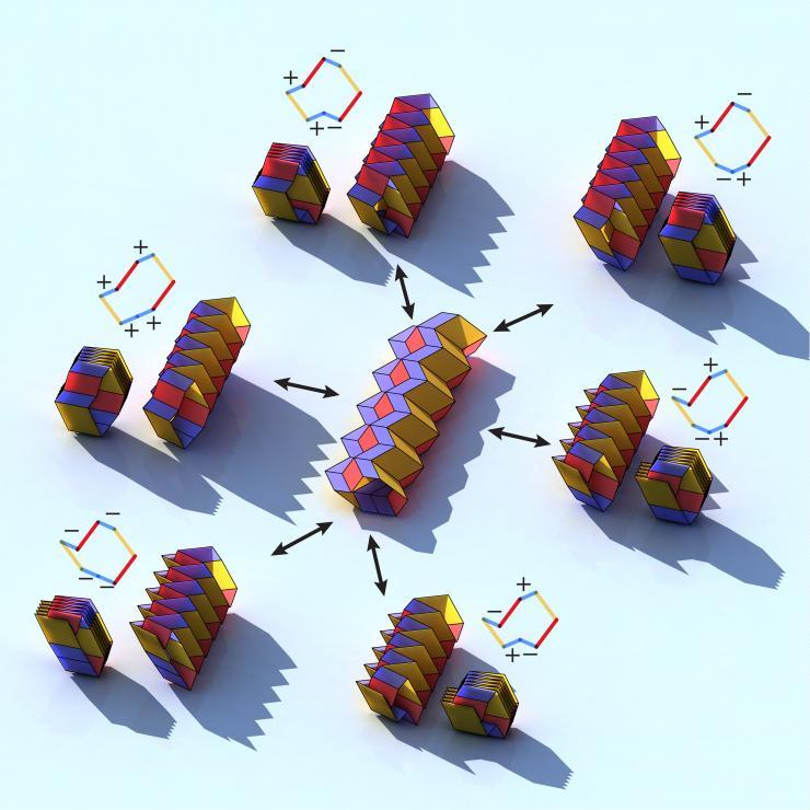 <p>This illustration shows six different configurations that can be produced from a single origami tube through the redeployment of certain folds. (Credit: Evgueni Filipov, Glaucio Paulino, and Tomohiro Tachi.)</p>