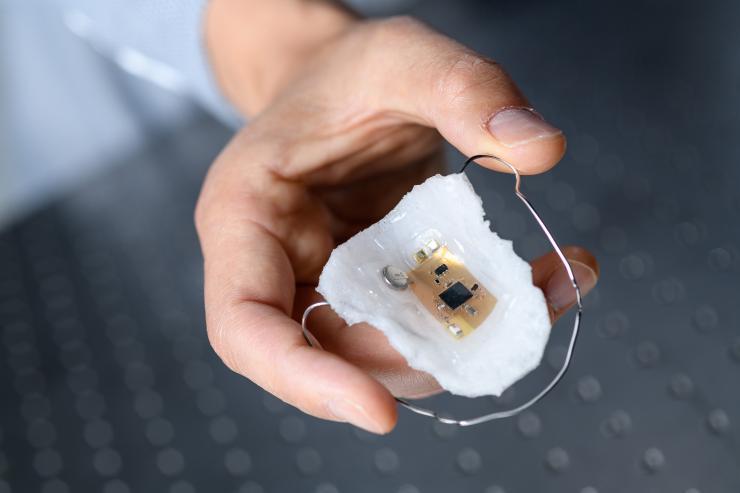 <p>The intraoral electronics with a sodium sensor is based on a breathable elastomeric membrane that resembles a dental retainer. The ultrathin device is flexible and stretchable, and can wirelessly transmit data up to 10 meters. (Credit: Rob Felt, Georgia Tech).</p>