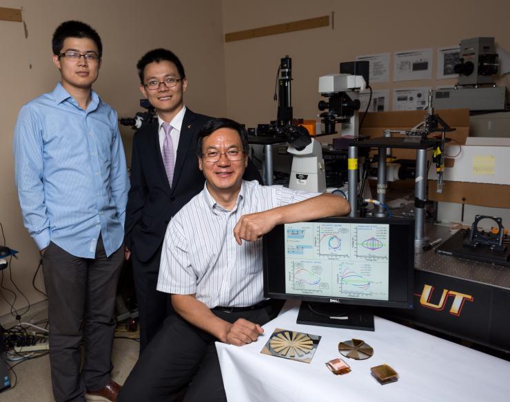 <p>(Left to right) Georgia Tech graduate student Simiao Niu, postdoctoral fellow Yunlong Zi and Regents professor Zhong Lin Wang are shown with a selection of triboelectric nanogenerators. (Credit: Rob Felt, Georgia Tech)</p>