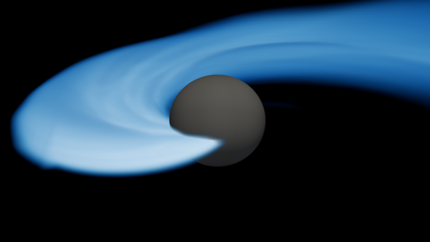 The coalescence and merger of a lower mass-gap black hole (dark gray surface) with a neutron star (greatly tidally deformed by the black hole's gravity). Credit: Ivan Markin, Tim Dietrich (University of Potsdam), Harald Paul Pfeiffer, Alessandra Buonanno (Max Planck Institute for Gravitational Physics)
