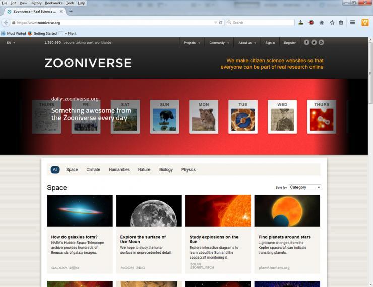 <p>Zooniverse is the most popular platform for hosting crowd science projects, with more than 1.2 million people participating worldwide. It is operated by the Citizen Science Alliance.</p>