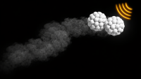 Abstract illustration of clustered white nanoscale particles moving through a dark vessel with signal waves.