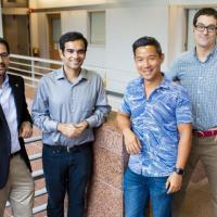 <p>Muhannad Bakir (far left) and Emory's Samuel Sober (far right) combined forces for the project. The work will be led by post-doctoral fellows in their labs, Georgia Tech's Muneeb Zia (center left) and Emory's Bryce Chung (center right).</p>