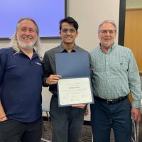 <p><strong>Pictured: </strong>Aditya Singh, an undergraduate computer engineering student in the College of Engineering and CIC winner (middle). Matt Sanders (left-side) and Russell Clark (right-side). Sanders and Clark are key faculty organizers of the Georgia Tech Convergence Innovation Competition (CIC).</p>