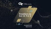 A black banner reading "Frontiers in Science: Advancing Space Exploration." The words are surrounded by dynamic gold sparkles, along with light blue, gold, and white parallelograms.