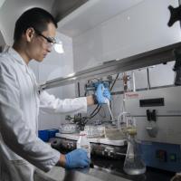 <p>Zhengming Cao, a visiting graduate student at Georgia Tech, is working on improving durability for platinum-based fuel cell catalysts. (Credit: Christopher Moore)</p>