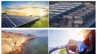 4 panel image: clockwise from upper left - solar panels in field, data center and cooling complex, Hormuz Island, gas pump in a car's fuel port