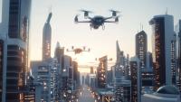 AI image of air taxis in futuristic setting